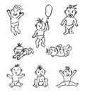 Set of black and white vector sketches of funny babies. A casual hand drawing of children in diapers with different faces and in