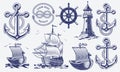 A set of black and white vintage nautical illustrations