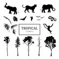 Set of black wild animals and trees. Vector illustration. Royalty Free Stock Photo