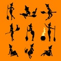 Set of black witch silhouettes on orange.