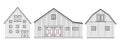 Set of black wite doodle cartoon alone wooden barn houses, roofs, windows and doors with crossed white boards. Vector Royalty Free Stock Photo