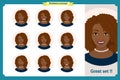 Set of black woman expression. businesswoman. Isolated vector illustration.face girl,avatar, angry, cry, sad, smiling.