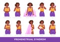 Set of black woman suffering from period problems or premenstrual syndrome. Headache, abdominal pain, insomnia