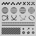 Set of black Y2K retro elements, globes and abstract shapes,