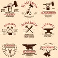 Set of blacksmith and iron works emblems. Design element for logo, label, sign, poster, t shirt.