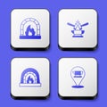 Set Blacksmith oven, Anvil and hammer, and anvil tool icon. White square button. Vector Royalty Free Stock Photo