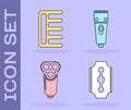 Set Blade razor, Hairbrush, Electric razor blade for men and Electrical hair clipper or shaver icon. Vector Royalty Free Stock Photo