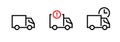 Set of blank, attention and waiting cargo delivery truck icons. Editable line vector. Royalty Free Stock Photo
