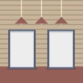 Set Blank Boards With Ceiling Lamps On Wooden Wall