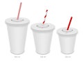 Set of vector realistic blank disposable cups with lids and straws. Different sizes of paper glasses for cool takeaway drinks Royalty Free Stock Photo