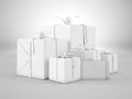 Set of blank gift boxes Of various sizes with ribbon bow and empty envelopes on white background. 3d render Royalty Free Stock Photo