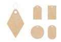 Set of blank gift tag labels for sale prices. Texture of realistic brown yellow kraft carton paper material with a rope. Stickers