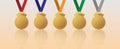 Set of blank gold medal with multicolour ribbons