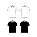 Set of blank hanging t-shirt design template hand drawn vector illustration. Front and back sides. White and black male shirt