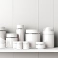Set of blank packaging white plastic cream pots, jars on white shelf with copy space for text, logo ready for cosmetic