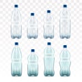 Set of blank plastic blue water bottles. transparent