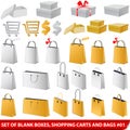 Set of blank shopping bags, carts and giftboxes