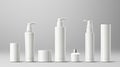 Set blank templates of empty and clean white plastic containers: bottles with spray, dispenser and dropper, cream jar, tube. Royalty Free Stock Photo