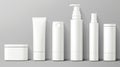 Set blank templates of empty and clean white plastic containers: bottles with spray, dispenser and dropper, cream jar, tube. Royalty Free Stock Photo