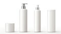 Set blank templates of empty and clean white plastic containers: bottles with spray, dispenser and dropper, cream jar, tube. Royalty Free Stock Photo