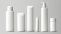 Set blank templates of empty and clean white plastic containers: bottles with spray, dispenser and dropper, cream jar, tube. Royalty Free Stock Photo