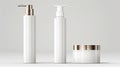 Set blank templates of empty and clean white plastic containers: bottles with spray, dispenser and dropper, cream jar, tube. Royalty Free Stock Photo