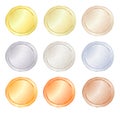 Set of blank vector templates for coin, price tags, buttons, sewing, buttons, badges or medals with gold in different types: white