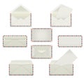 Set of blank white envelopes. Template mockups in four views, front and back, open and closed, sealed and printed with sheet paper Royalty Free Stock Photo