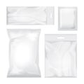 Set of blank white and transparent foil bag packaging for food, snack, coffee, cocoa, sweets, crackers, chips, nuts Royalty Free Stock Photo