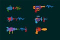 A set of blasters on a dark background. Game weapons with bright lasers. Space guns for children`s fashion