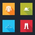 Set Blazer or jacket, Oktoberfest hat, Hanger wardrobe and Pants icon. Vector