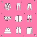 Set Blazer or jacket, Pants, Sport pants, Clutch bag, T-shirt, Winter hat and icon. Vector Royalty Free Stock Photo