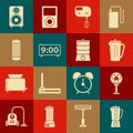 Set Blender, Electric fan, Measuring cup, mixer, Digital alarm clock, Stereo speaker, and Double boiler icon. Vector