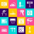 Set Blender, Electric jigsaw, Washer, Angle grinder, Chainsaw and Table for woodwork icon. Vector Royalty Free Stock Photo