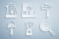 Set Blender, Paint roller brush, Spatula, Frying pan, Coffee machine and Electric kettle icon. Vector