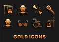 Set Blind glasses, Prosthesis leg, IV bag, Wheelchair, Head of deaf and dumb, Human broken bone, and Deaf icon. Vector