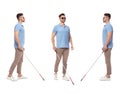 Set of blind man with long cane walking on white Royalty Free Stock Photo