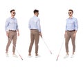 Set of blind man with long cane walking on white Royalty Free Stock Photo