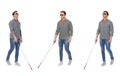 Set of blind man with long cane walking on white Royalty Free Stock Photo