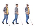 Set of blind man with long cane walking on white Royalty Free Stock Photo