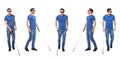 Set of blind man with long cane walking on white Royalty Free Stock Photo