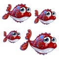 Set bloated cartoon red fish with blue spots isolated on a white background. Vector illustration.