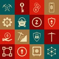 Set Blockchain technology, Pickaxe, Shield Ethereum ETH, Cryptocurrency coin Bitcoin, Shopping basket with bitcoin
