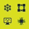 Set Blockchain technology, Processor, Mining with monitor and pickaxe and icon. Vector Royalty Free Stock Photo
