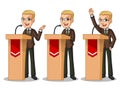 Set of blonde businessman in brown suit giving a speech behind rostrum Royalty Free Stock Photo