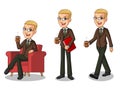 Set of blonde businessman in brown suit making a break with drinking a coffee Royalty Free Stock Photo