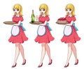 Set of blondie waitresses holding champagne and cake, wearing pink dotted maid costume.