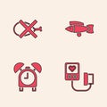 Set Blood pressure, No meat, Fish and Alarm clock icon. Vector