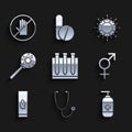 Set Blood test and virus, Stethoscope, Bottle of liquid antibacterial soap, Gender, Virus under magnifying glass, and No