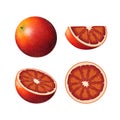 Set of bloody orange. Isolated half of red colorful orange, whole round fruit, half, and juicy slice on white background. Royalty Free Stock Photo